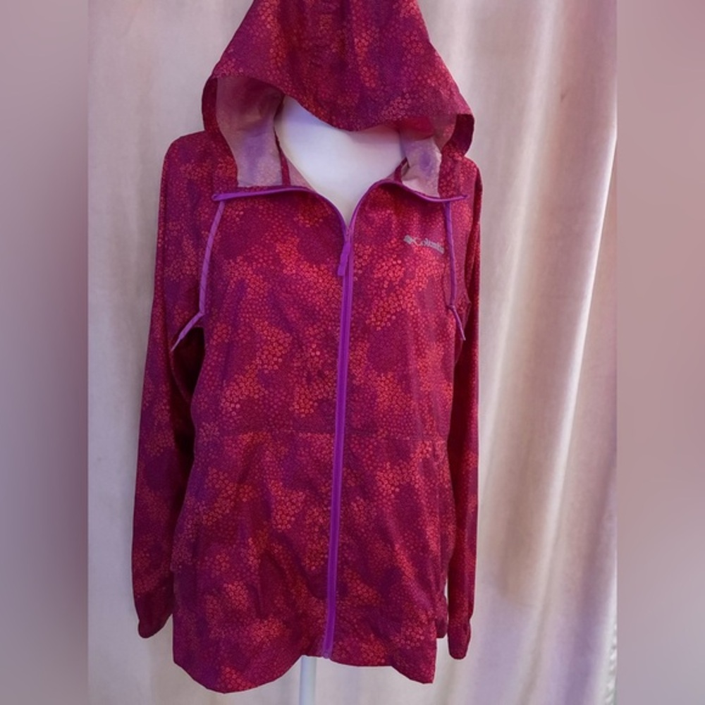 Columbia Jacket Womens Size M, Pink floral Hooded Rain Windbreaker Full Zip